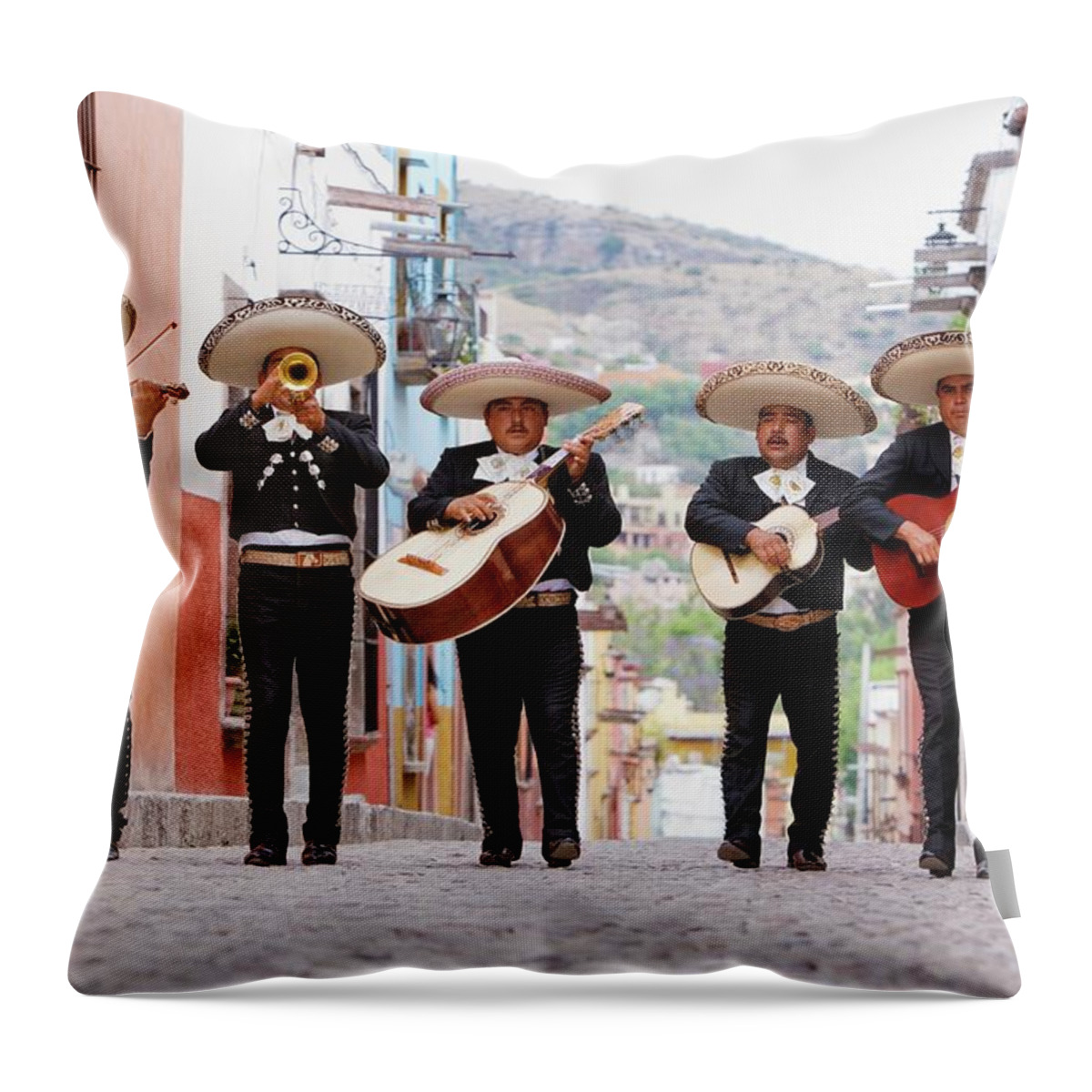 Mature Adult Throw Pillow featuring the photograph Mariachi Band Walking In Street by Pixelchrome Inc