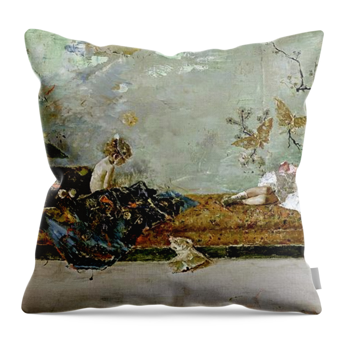 Maria Fortuny Throw Pillow featuring the painting Mariano Fortuny Marsal 'The painter's children, Maria Luisa and Mariano, in the Japanese Room',1874. by Mariano Fortuny y Marsal -1838-1874-