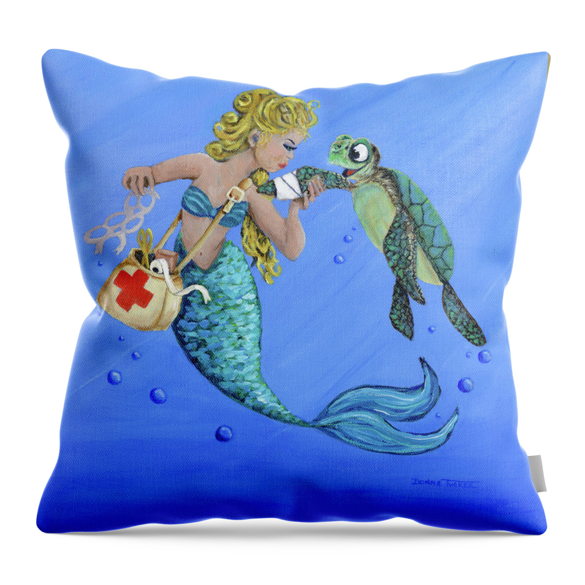 Coastal Throw Pillow featuring the painting Mermaid Nurse by Donna Tucker