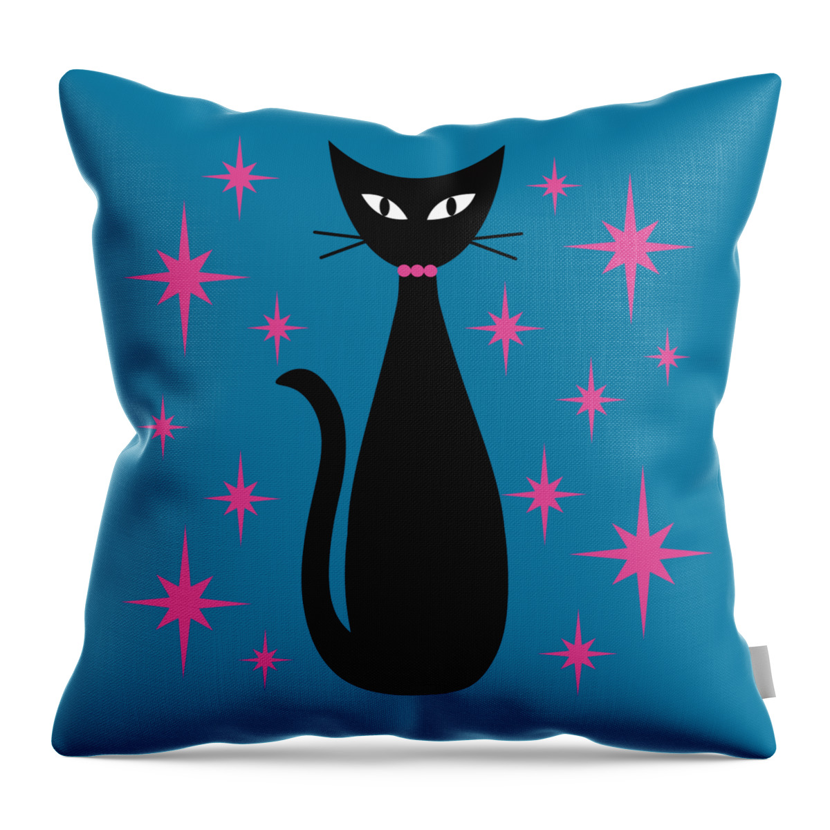 Mid Century Modern Throw Pillow featuring the digital art Mid Century Cat with Pink Starbursts by Donna Mibus
