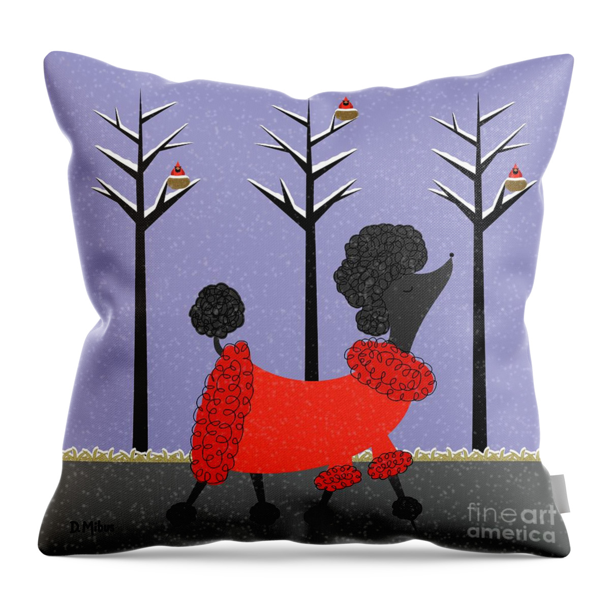 Mid Century Modern Throw Pillow featuring the digital art Mid Century Modern Black Poodle Winter by Donna Mibus