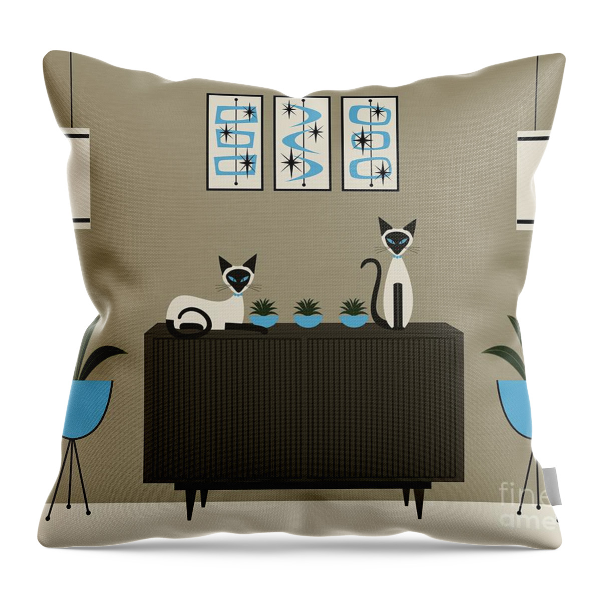 Mid Century Modern Throw Pillow featuring the digital art Mid Century Modern Siamese Cats by Donna Mibus