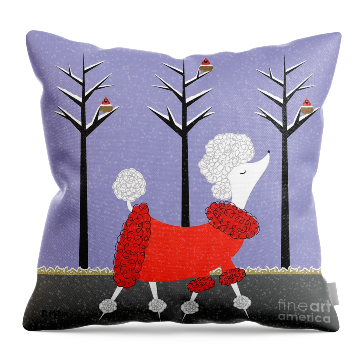 Mid Century Modern Throw Pillow featuring the digital art Mid Century White Poodle Winter by Donna Mibus