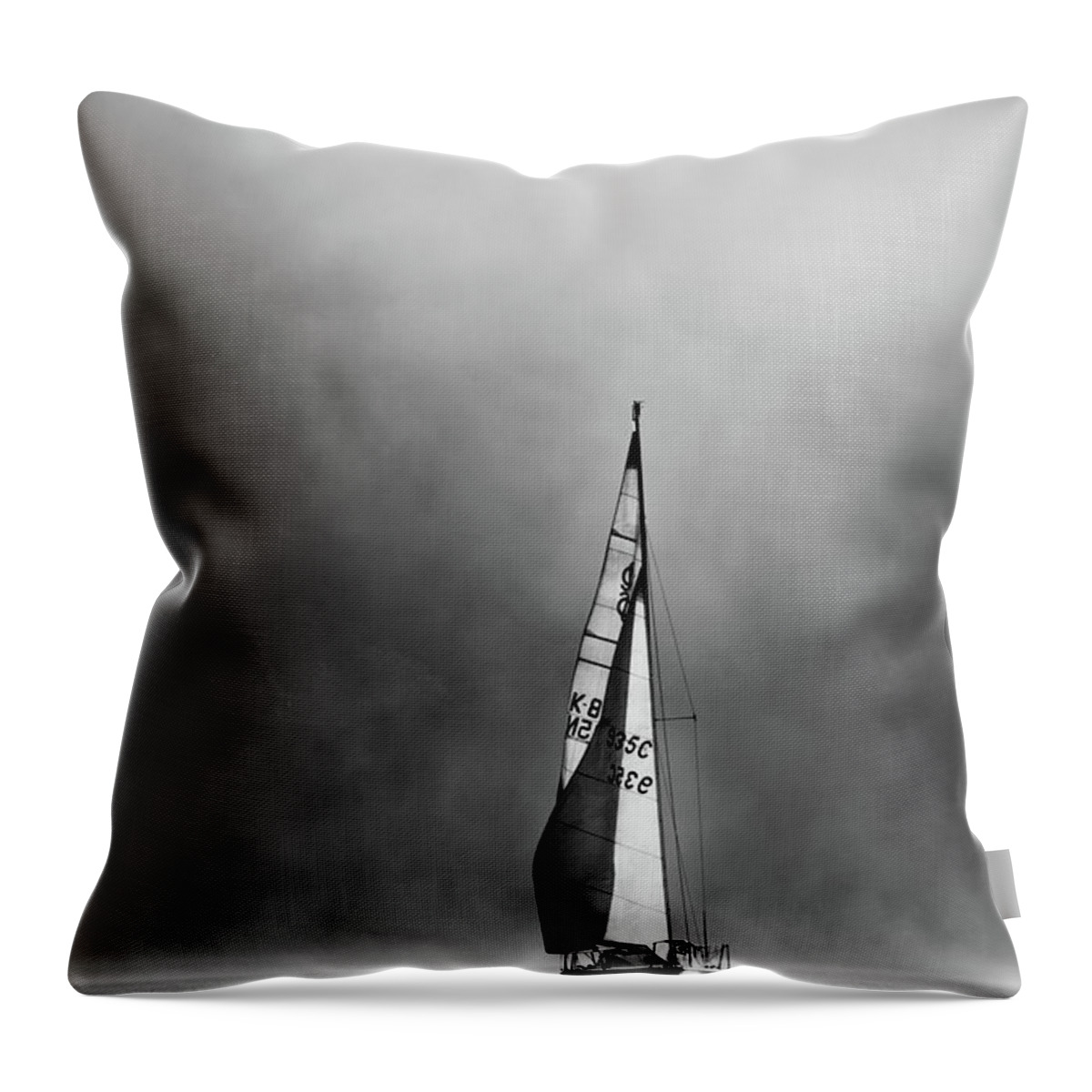 Mist Throw Pillow featuring the photograph Mist rising and sail boat, Coniston Water - Portrait by Anita Nicholson