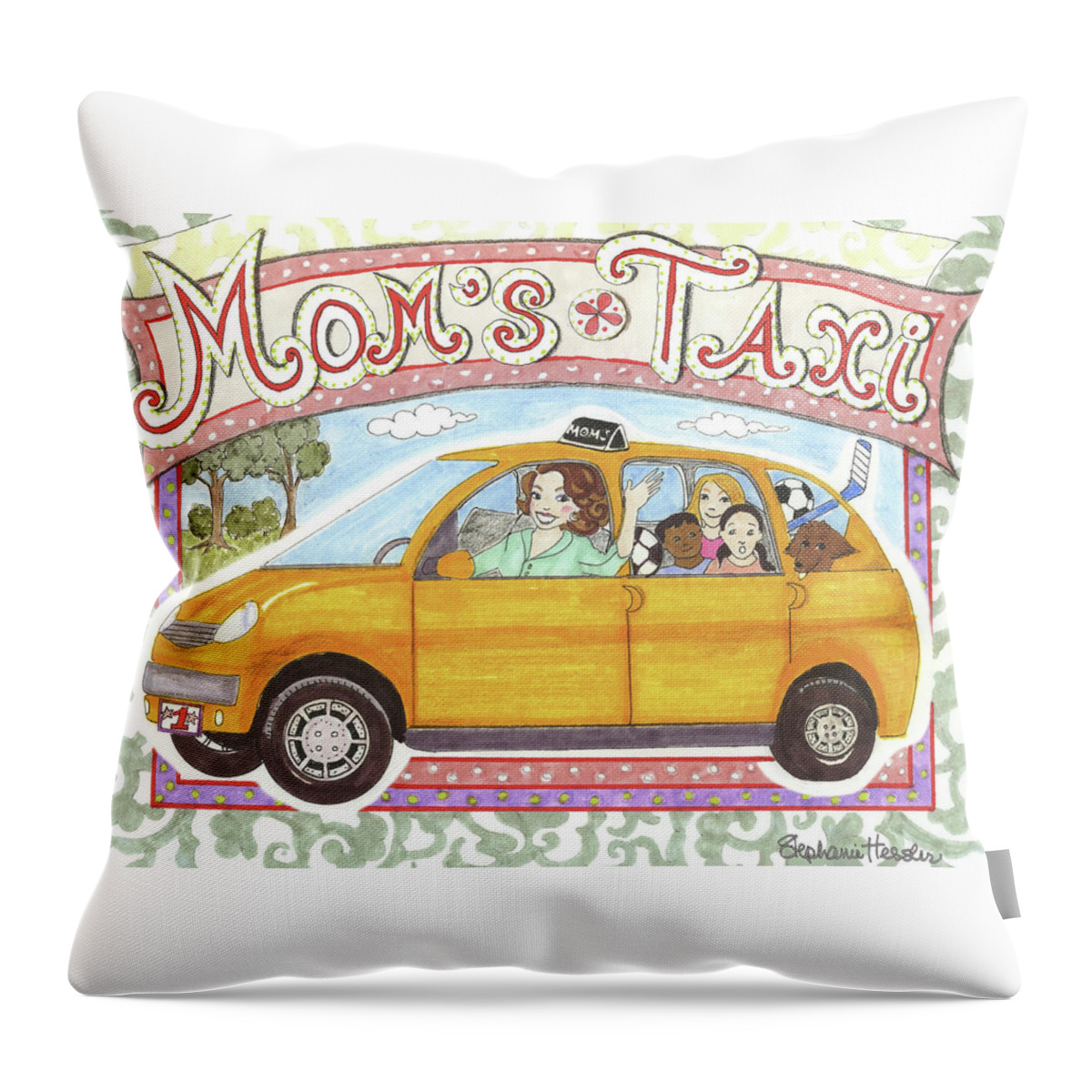 Mom's Taxi Throw Pillow featuring the mixed media Mom's Taxi by Stephanie Hessler