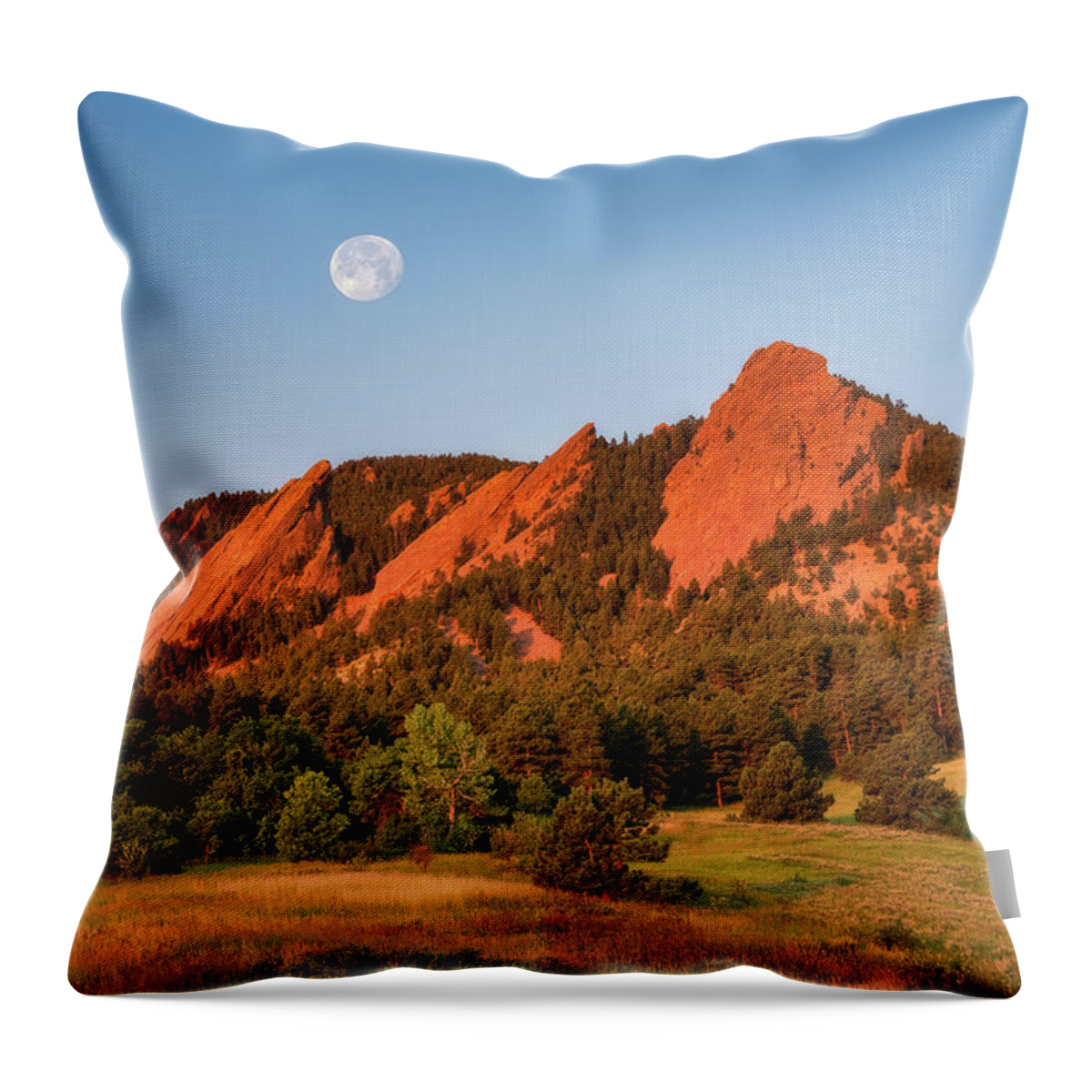 Boulder Throw Pillow featuring the photograph Moonset over the Flatirons by Darren White