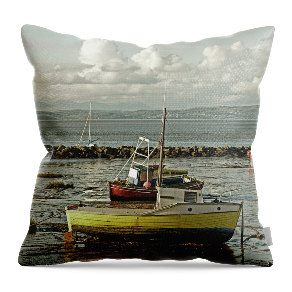 Morecambe Throw Pillow featuring the photograph MORECAMBE. Boats On The Shore. by Lachlan Main