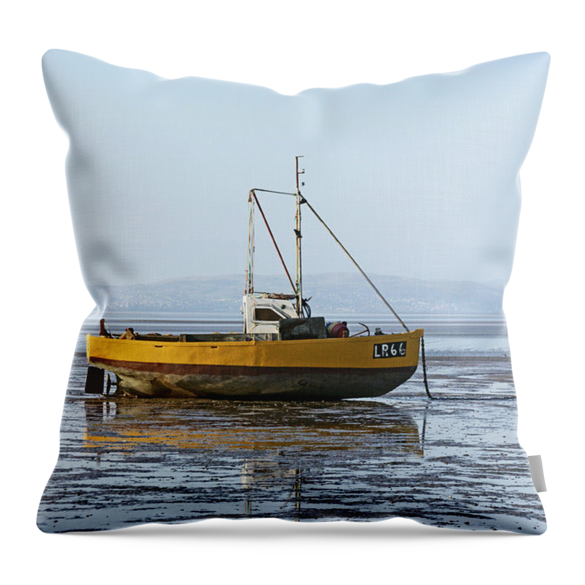 Morecambe Bay Throw Pillow featuring the photograph MORECAMBE. Yellow Fishing Boat. by Lachlan Main
