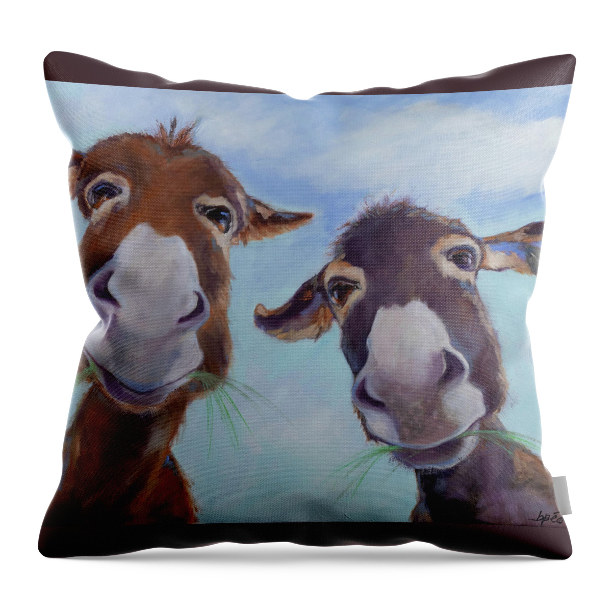 Donkeys Throw Pillow featuring the painting Mork and Mindy by Brenda Peo