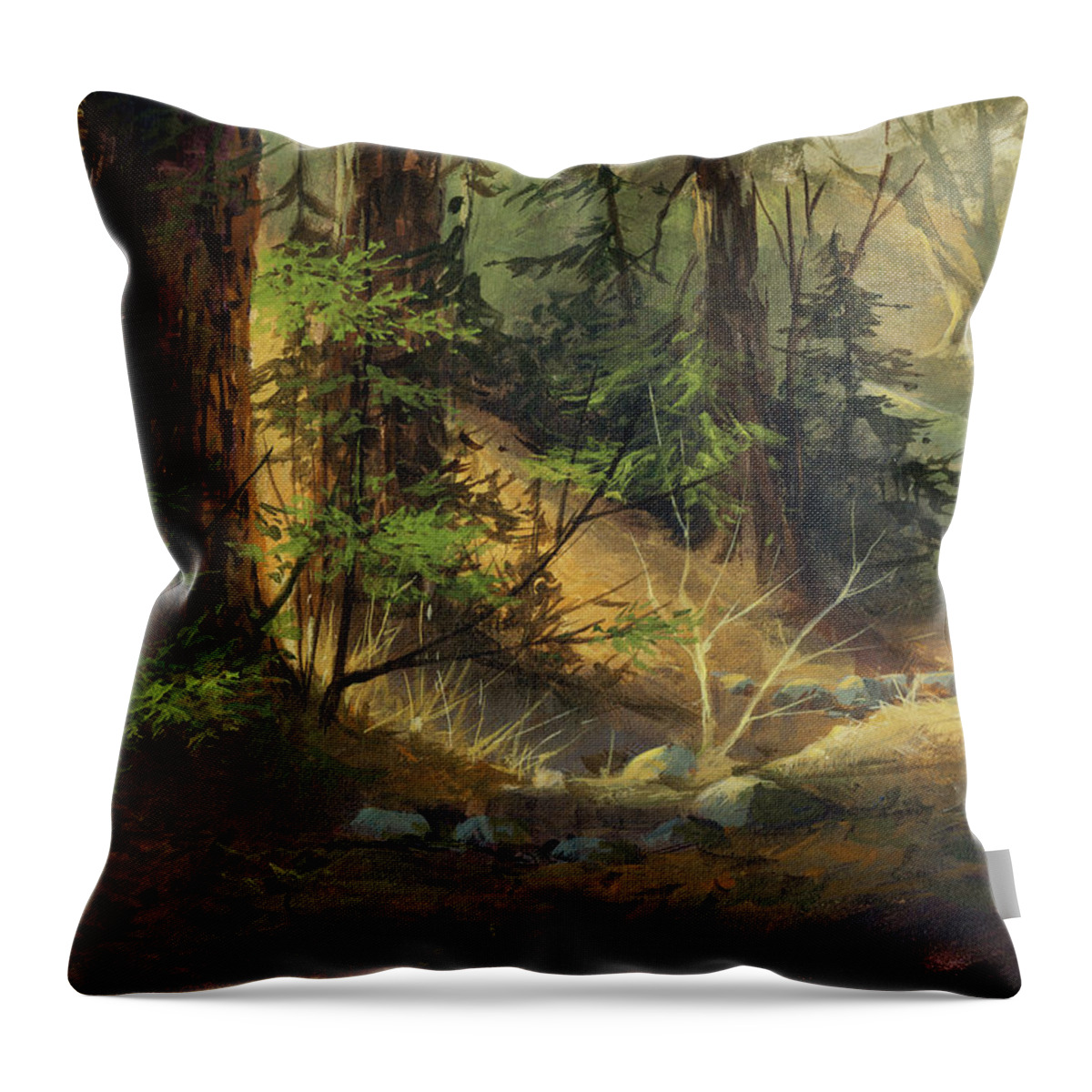 Michael Humphries Throw Pillow featuring the painting Morning Redwoods by Michael Humphries
