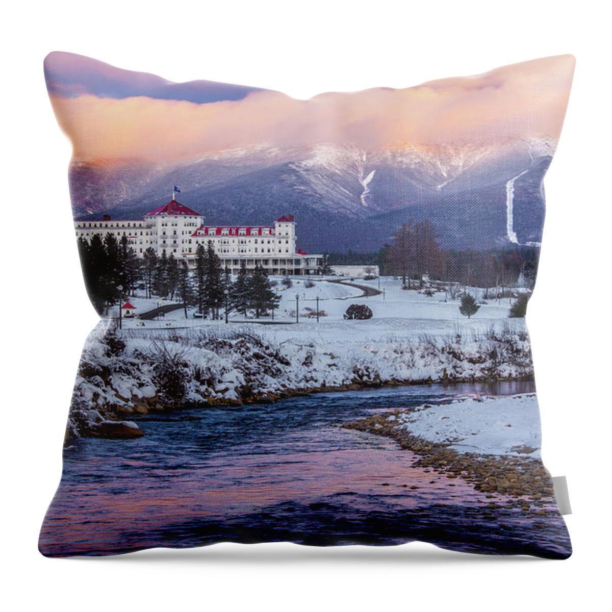 Alpenglow Throw Pillow featuring the photograph Mount Washington Hotel Alpenglow by Chris Whiton