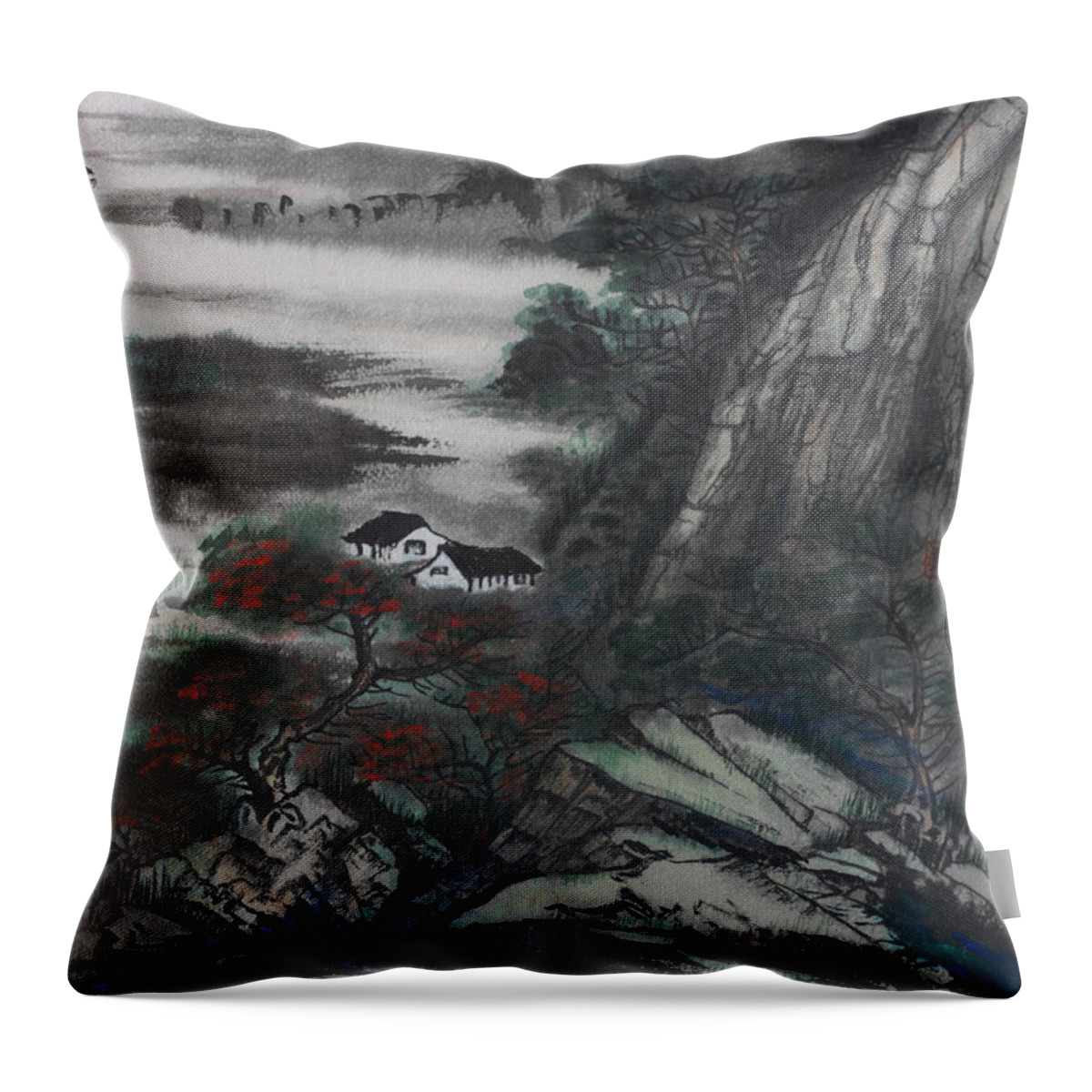 Chinese Watercolor Throw Pillow featuring the painting Houses by the River by Jenny Sanders