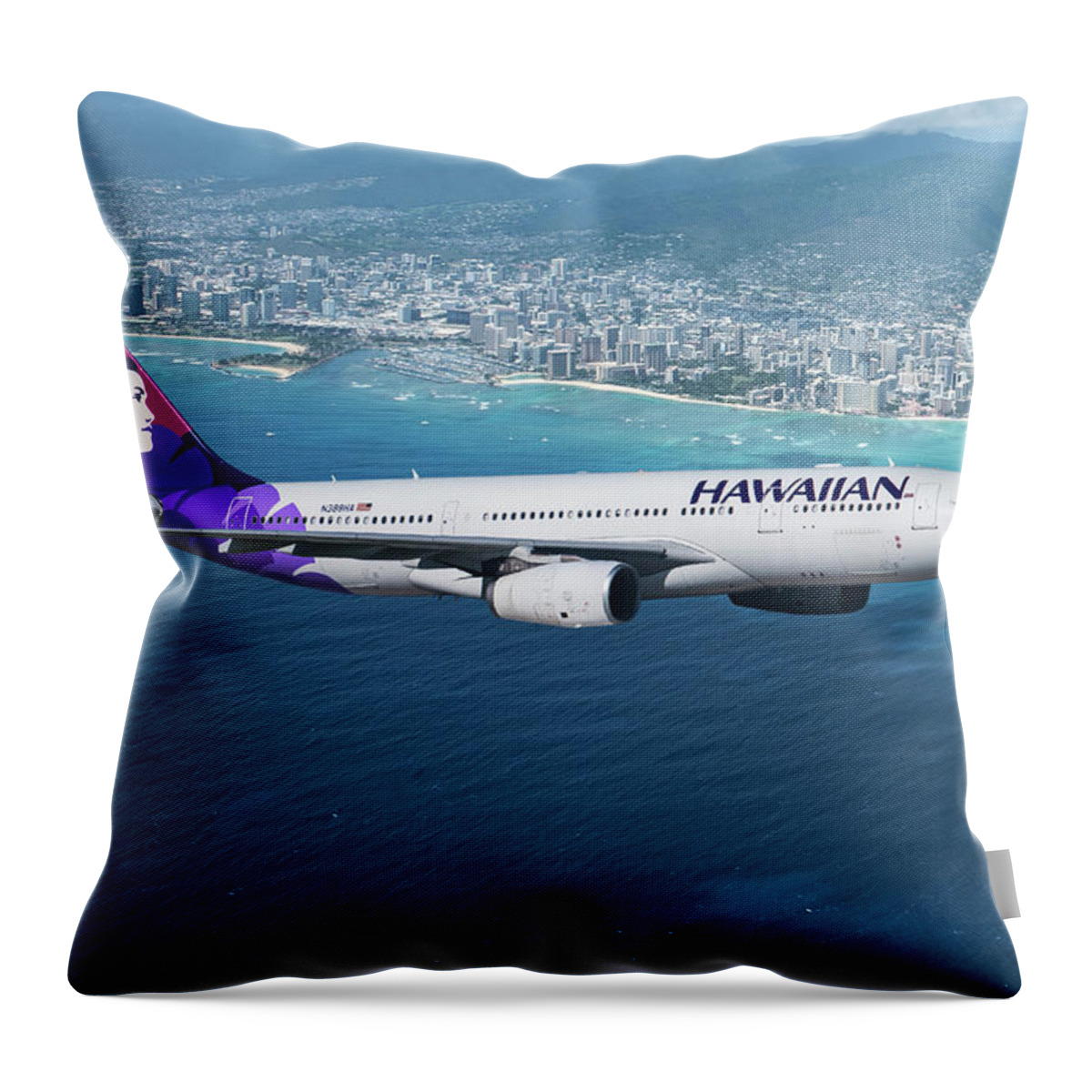 Hawaiian Airlines Throw Pillow featuring the mixed media My Blue Hawaii Airbus by Erik Simonsen