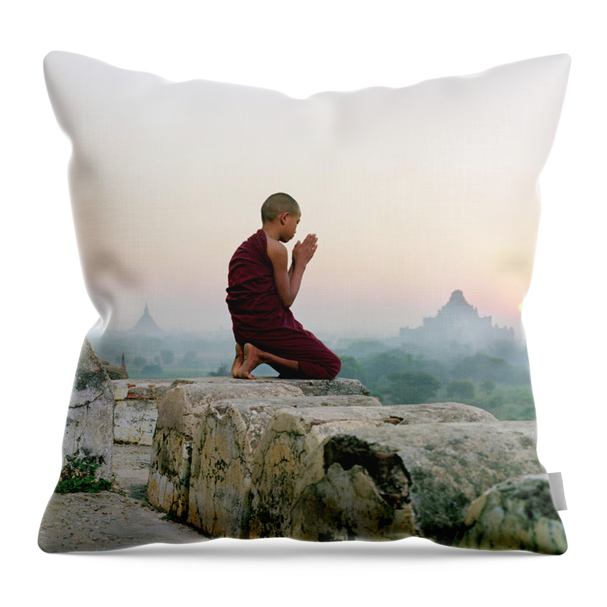 Child Throw Pillow featuring the photograph Myanmar, Bagan, Buddhist Monk Praying by Martin Puddy