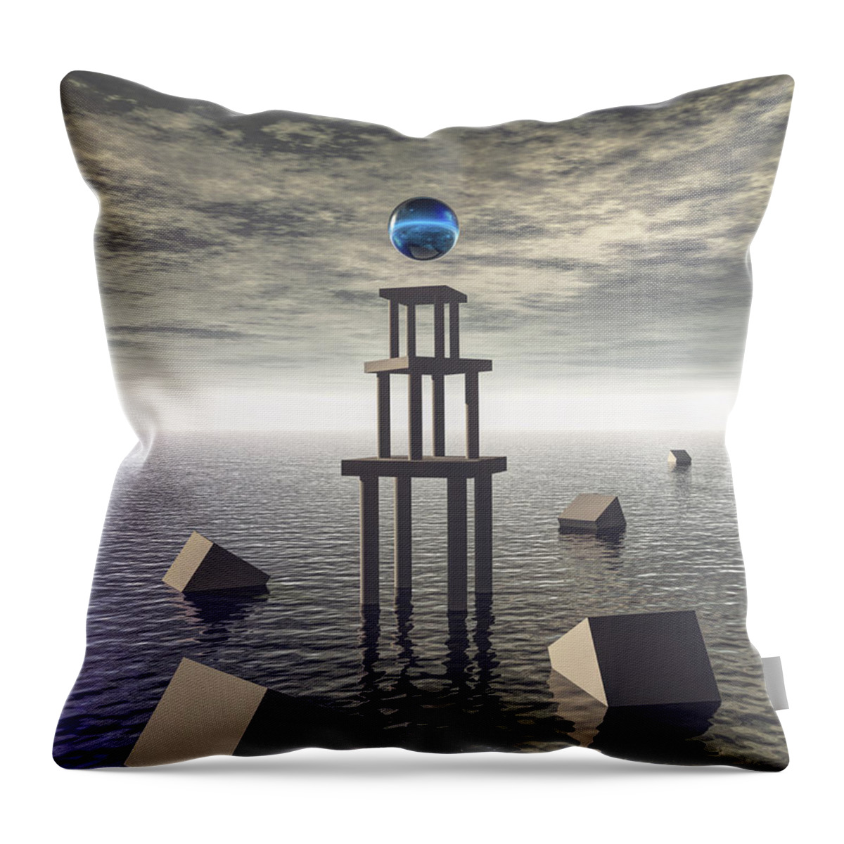 Structure Throw Pillow featuring the digital art Mysterious Tower At Sea by Phil Perkins