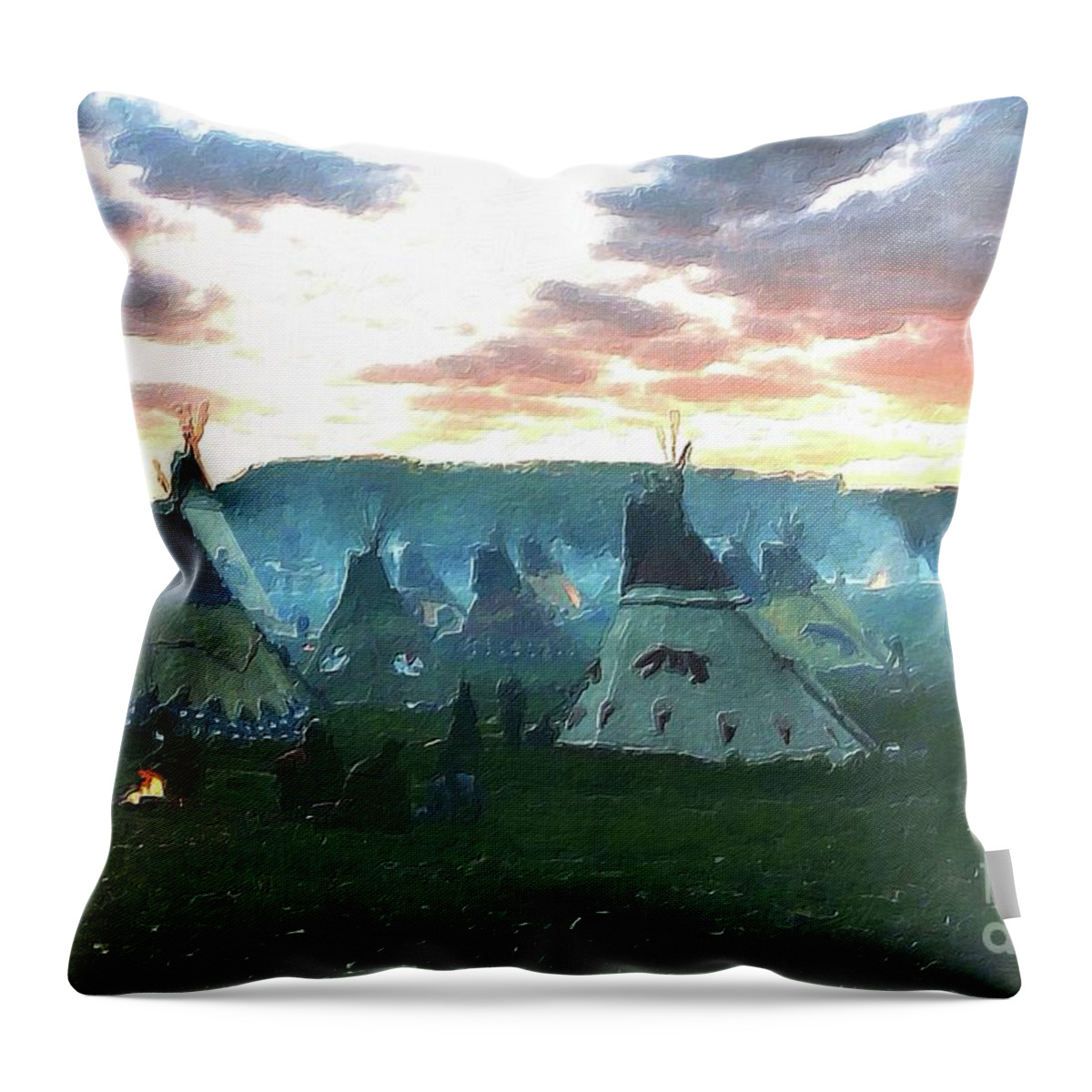 Native American Indian village at sunset with mountains in the background  Throw Pillow by Celine Bisson - Pixels