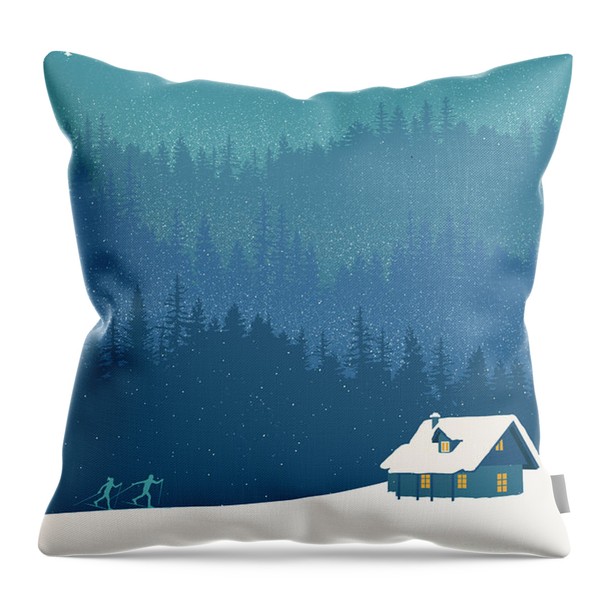 Nordic Ski Throw Pillow featuring the painting Nordic Cross Country Winter Ski Scene by Sassan Filsoof