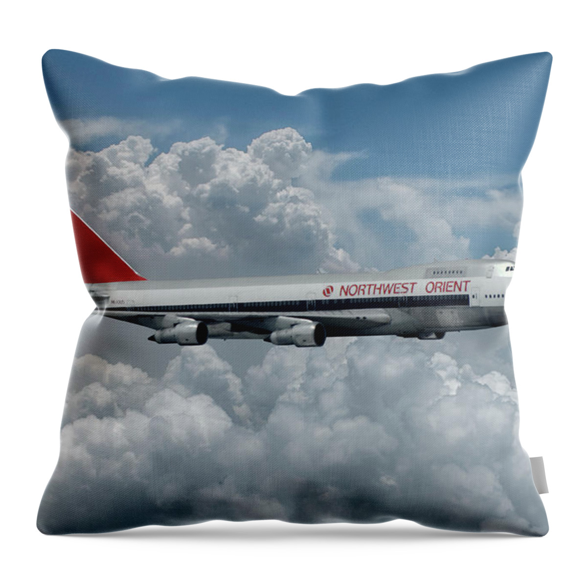 Northwest Orient Airlines Throw Pillow featuring the mixed media Northwest Orient Among the Clouds by Erik Simonsen