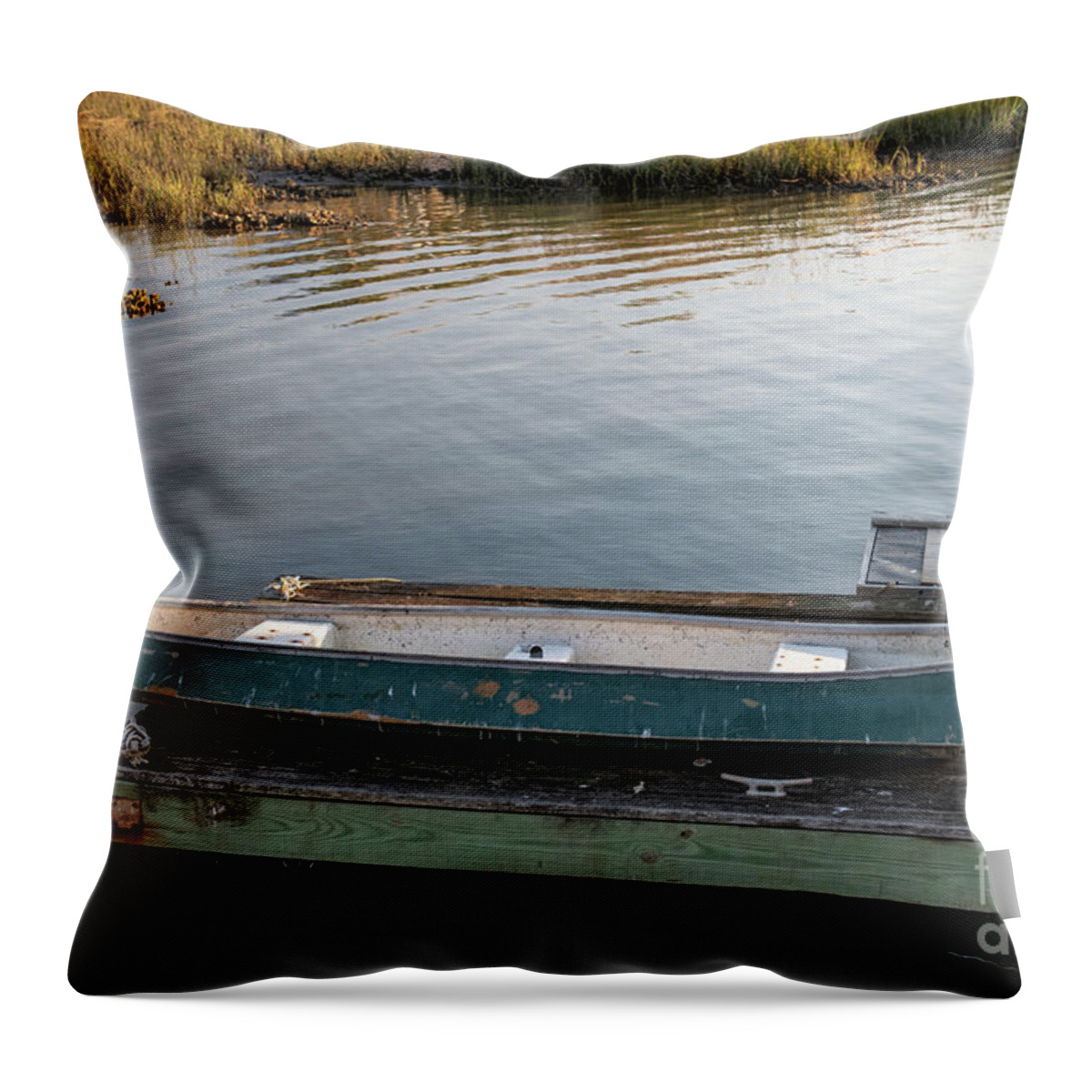 Canoe Throw Pillow featuring the photograph Old Canoe on Dock in Shem Creek by Dale Powell