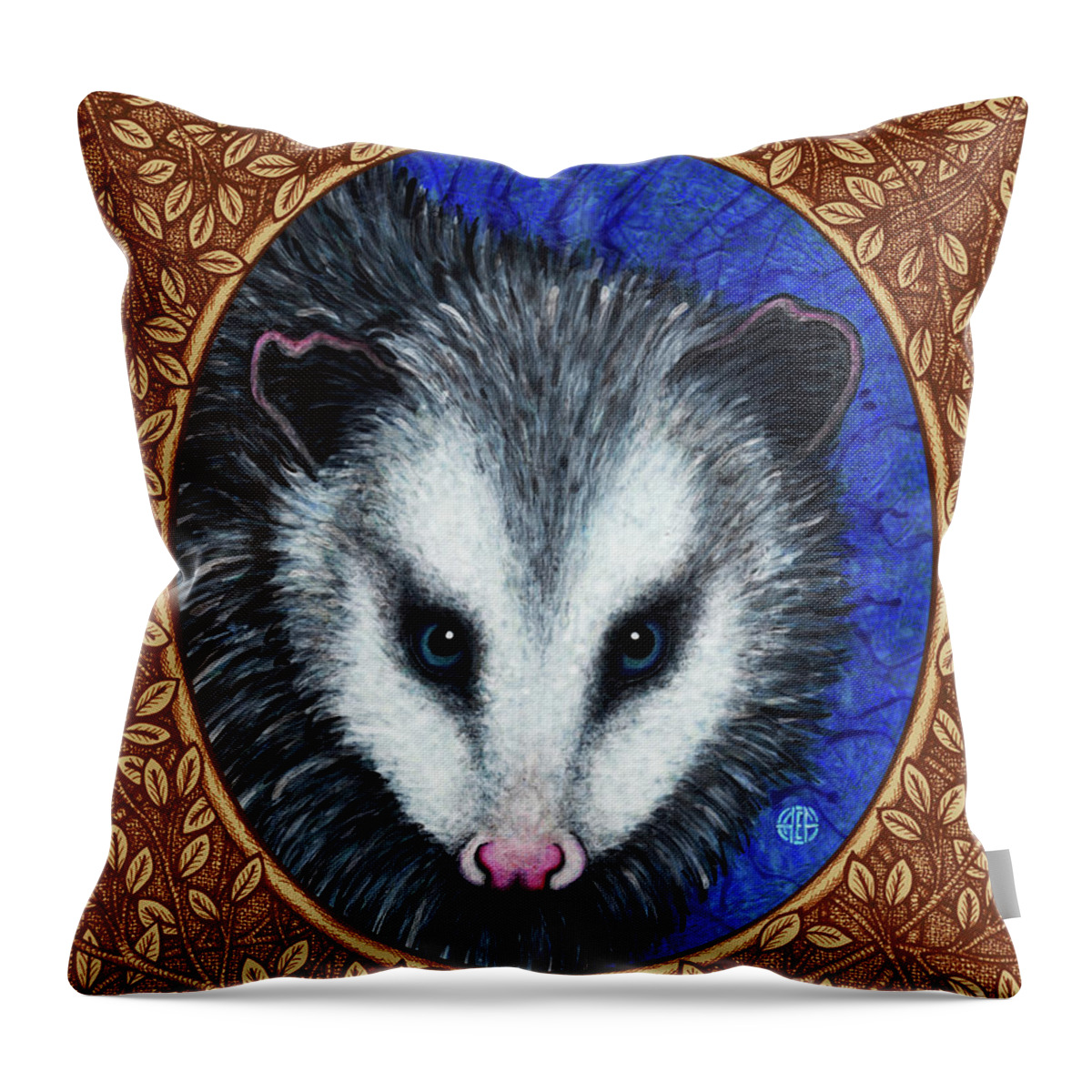 Animal Portrait Throw Pillow featuring the painting Opossum Portrait - Brown Border by Amy E Fraser
