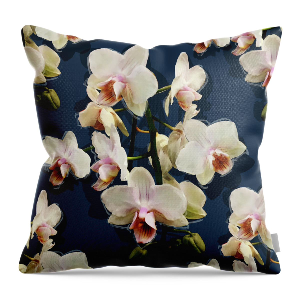 Glory Throw Pillow featuring the mixed media Orchids - on dark blue by Big Fat Arts