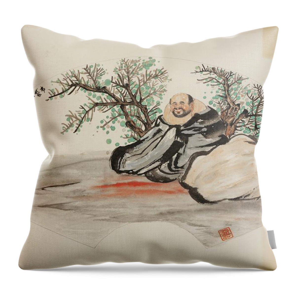 Chinese Watercolor Throw Pillow featuring the painting Happy Wandering Buddha #1 by Jenny Sanders