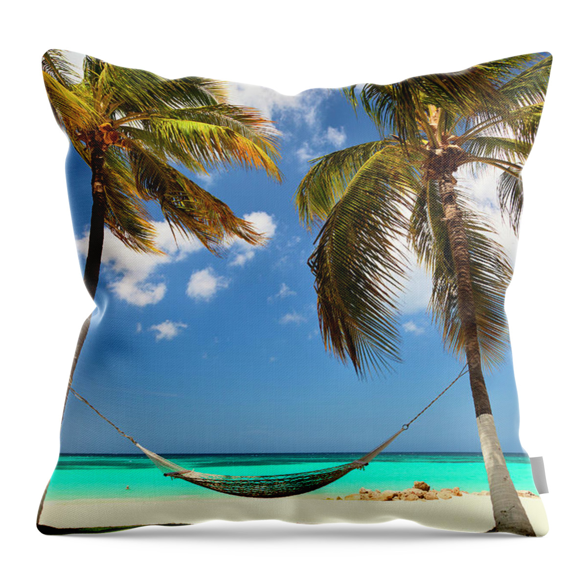 Estock Throw Pillow featuring the digital art Palm Tress And Hammock At Beach by Claudia Uripos