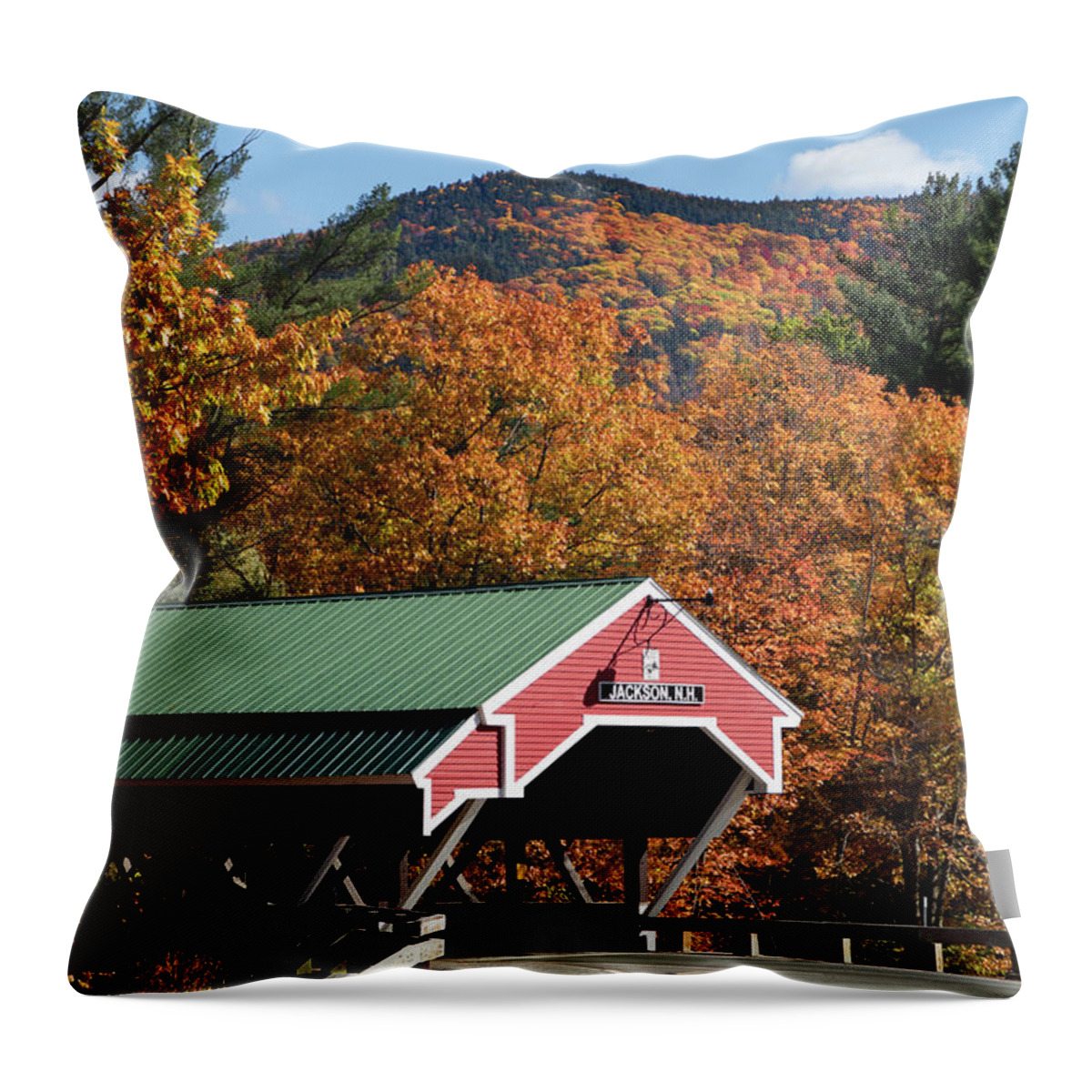 Jackson Nh Throw Pillow featuring the photograph Peak fall colors over the Jackson Covered Bridge by Jeff Folger