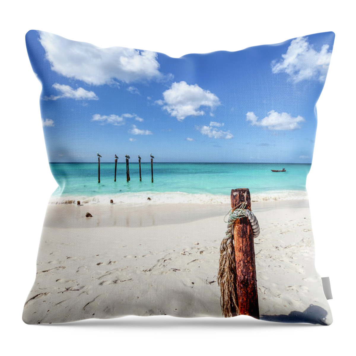 Aruba Throw Pillow featuring the photograph Pelicans Perch by David Letts