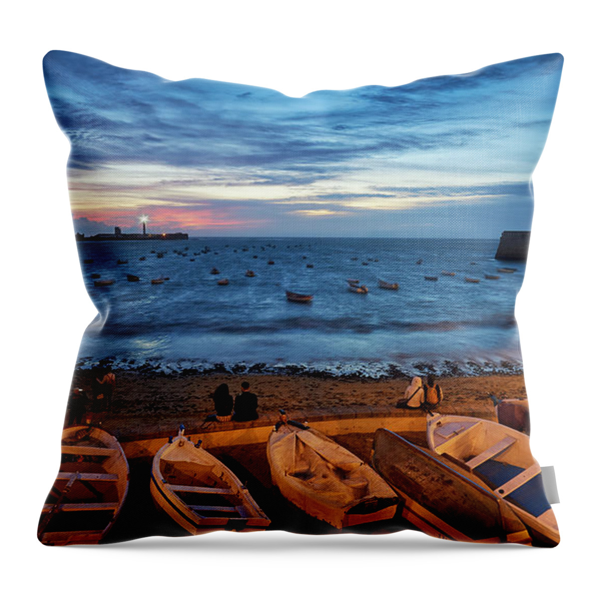 Sea Throw Pillow featuring the photograph People at Caleta Beach Photographing Sunset Dramatic Sky Cadiz Andalusia Spain by Pablo Avanzini
