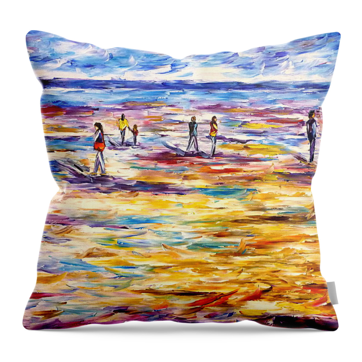 Beach Abstract Throw Pillow featuring the painting People On The Beach by Mirek Kuzniar