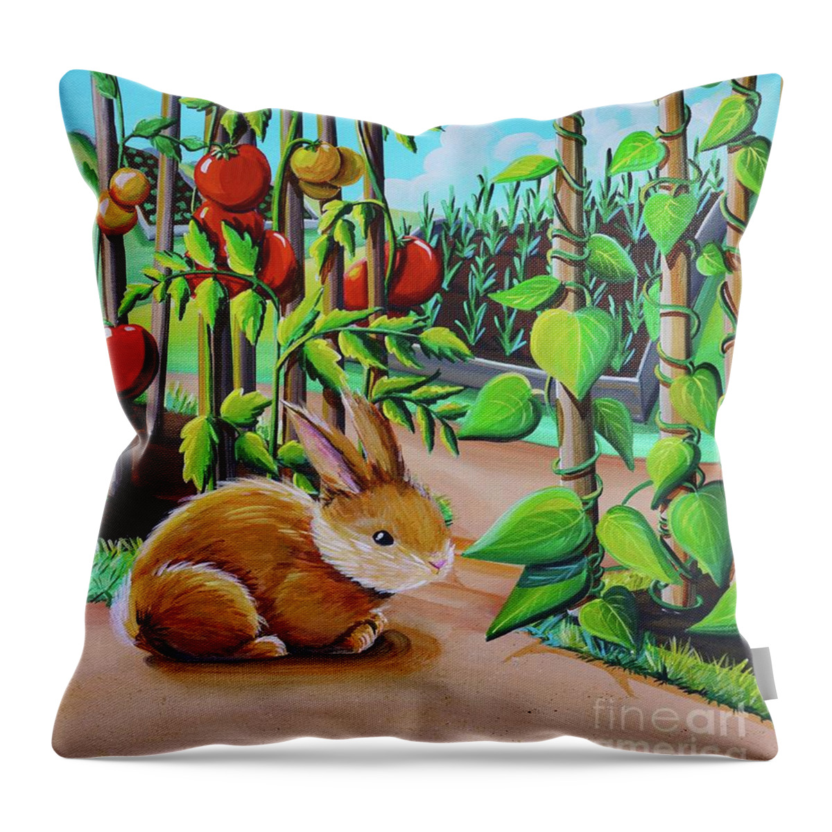 Peter Rabbit Throw Pillow featuring the painting Peter In The Garden by Cindy Thornton