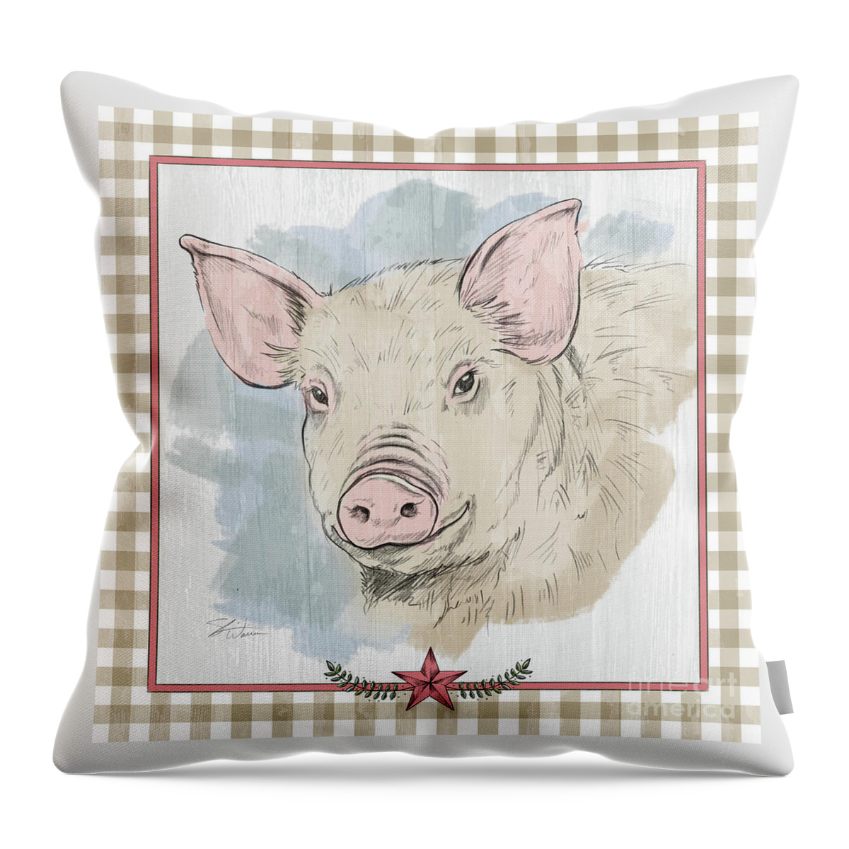 Pig Throw Pillow featuring the mixed media Pig Portrait-Farm Animals by Shari Warren