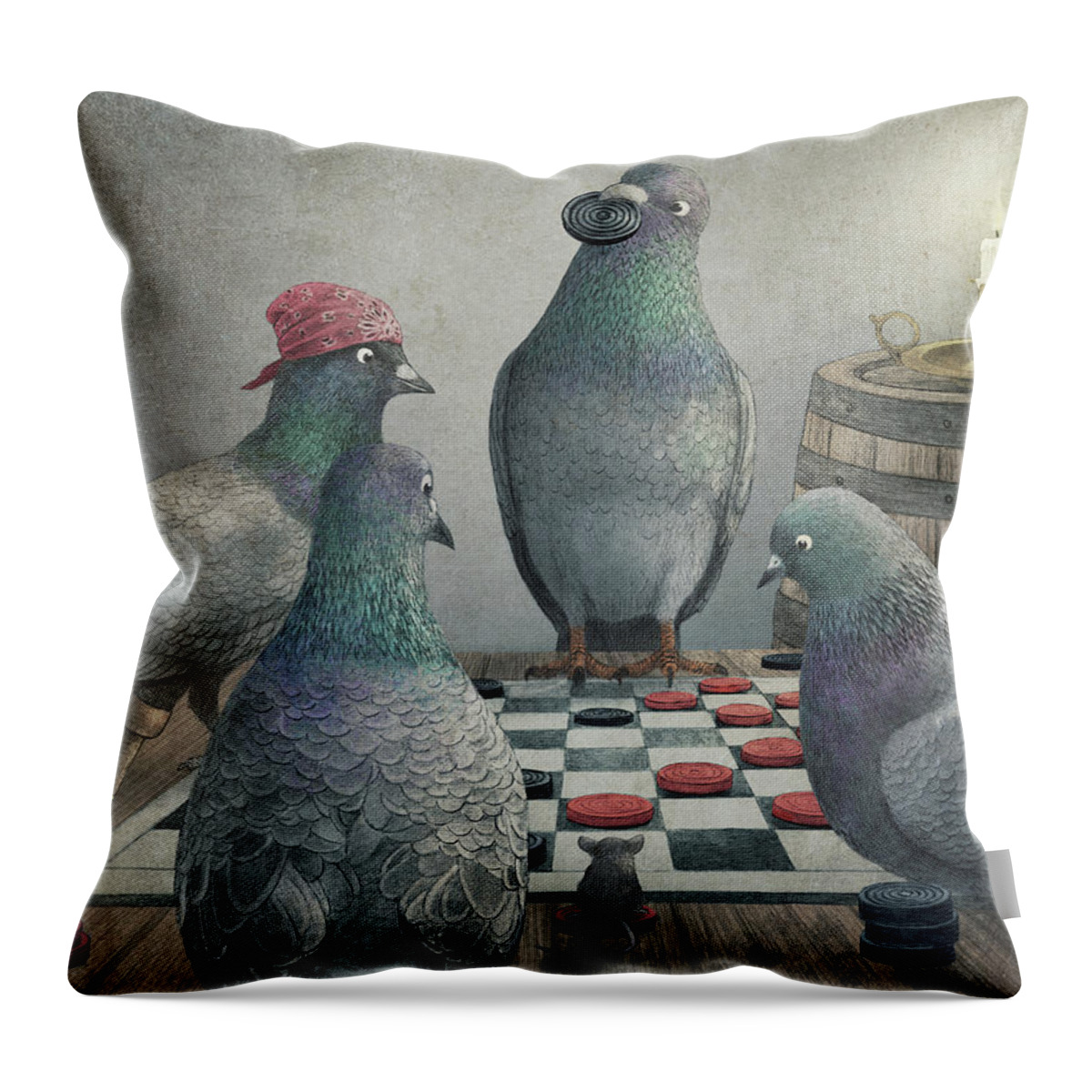 Pigeons Throw Pillow featuring the drawing Pigeons Playing Checkers by Eric Fan