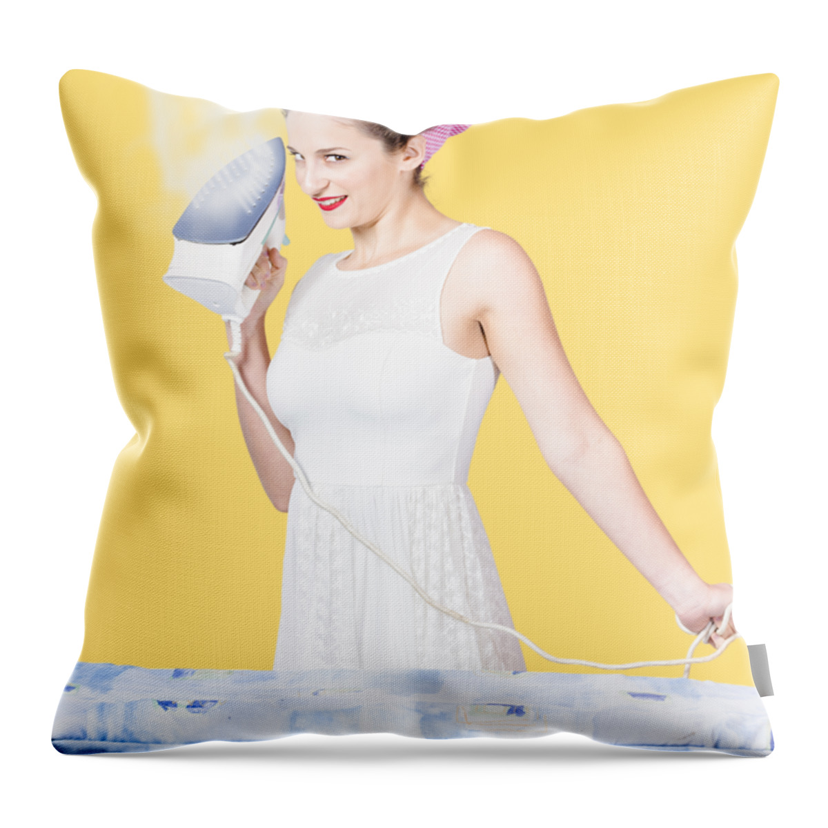 Cleaning Throw Pillow featuring the photograph Pin up woman providing steam clean ironing service by Jorgo Photography