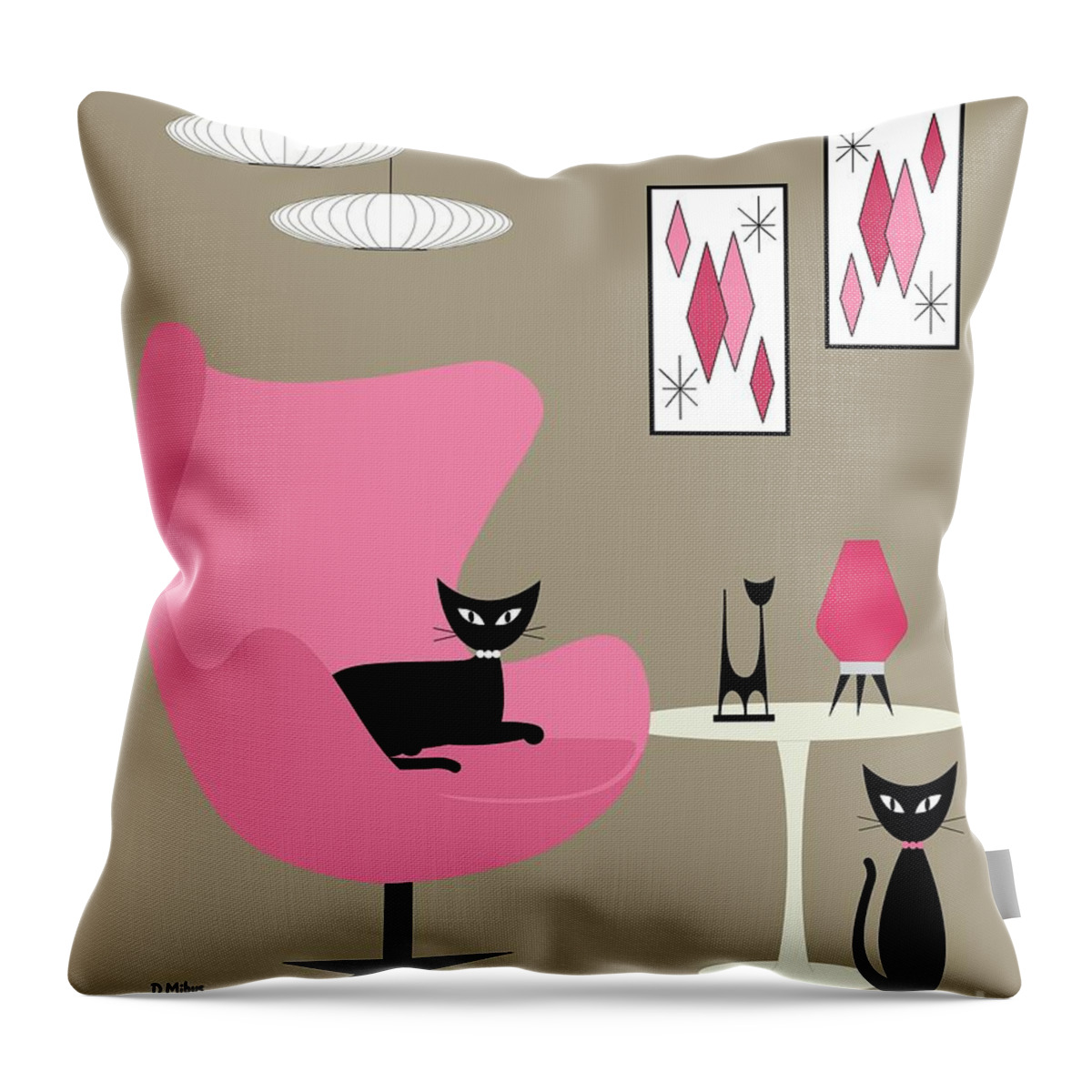 Mid Century Modern Throw Pillow featuring the digital art Pink Egg Chair with Cats by Donna Mibus