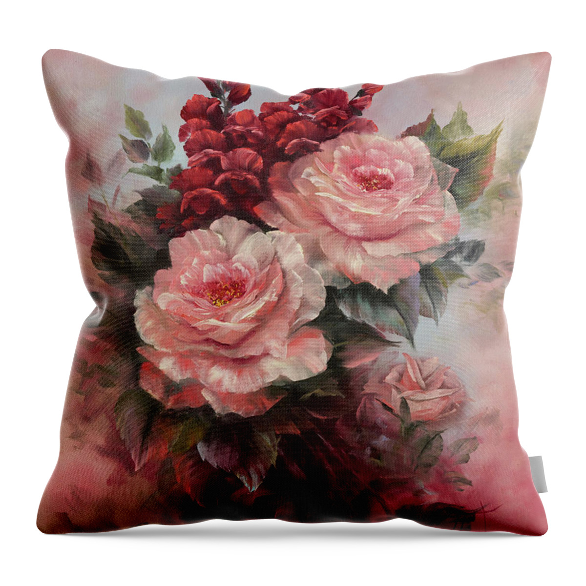 Floral Throw Pillow featuring the painting Roses and Snapdragons by Lynne Pittard
