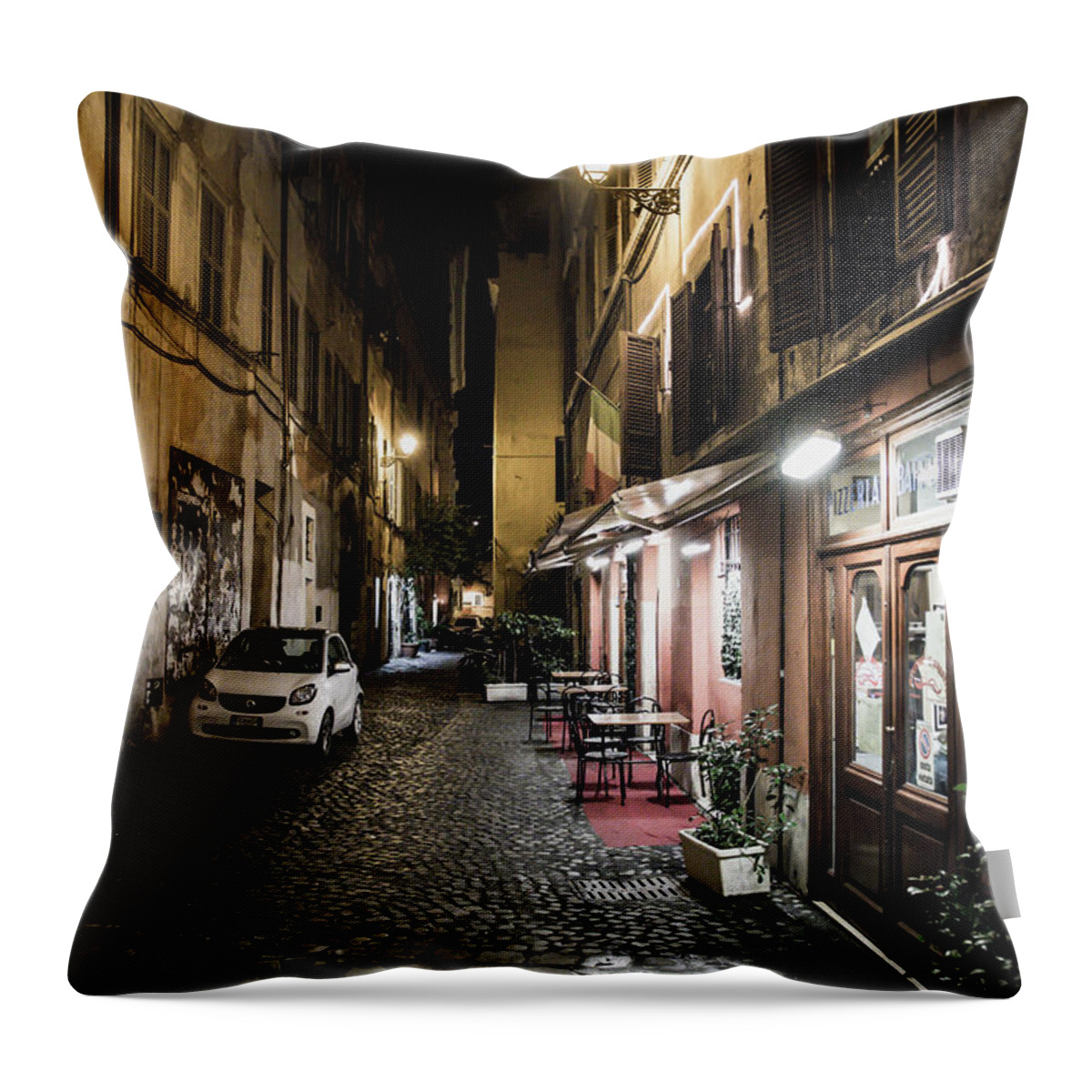 Italy Throw Pillow featuring the photograph Pizzeria in Abandoned Street at Night in Rome in Italy by Andreas Berthold