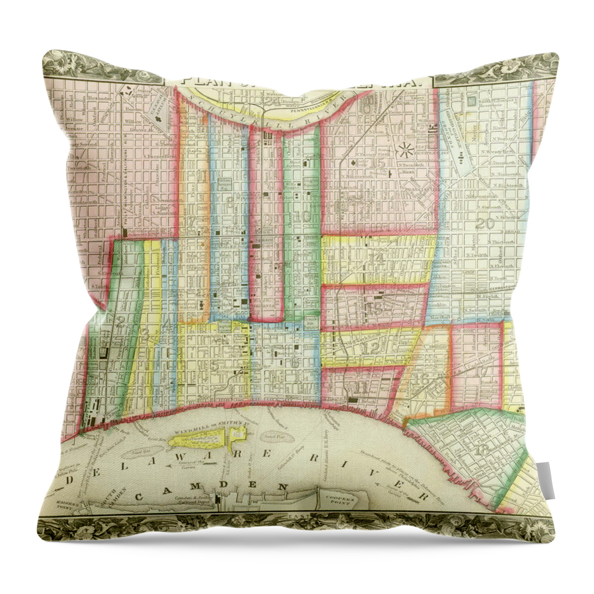 Map Throw Pillow featuring the mixed media Plan of Philadelphia, 1860 by Augustus Mitchell