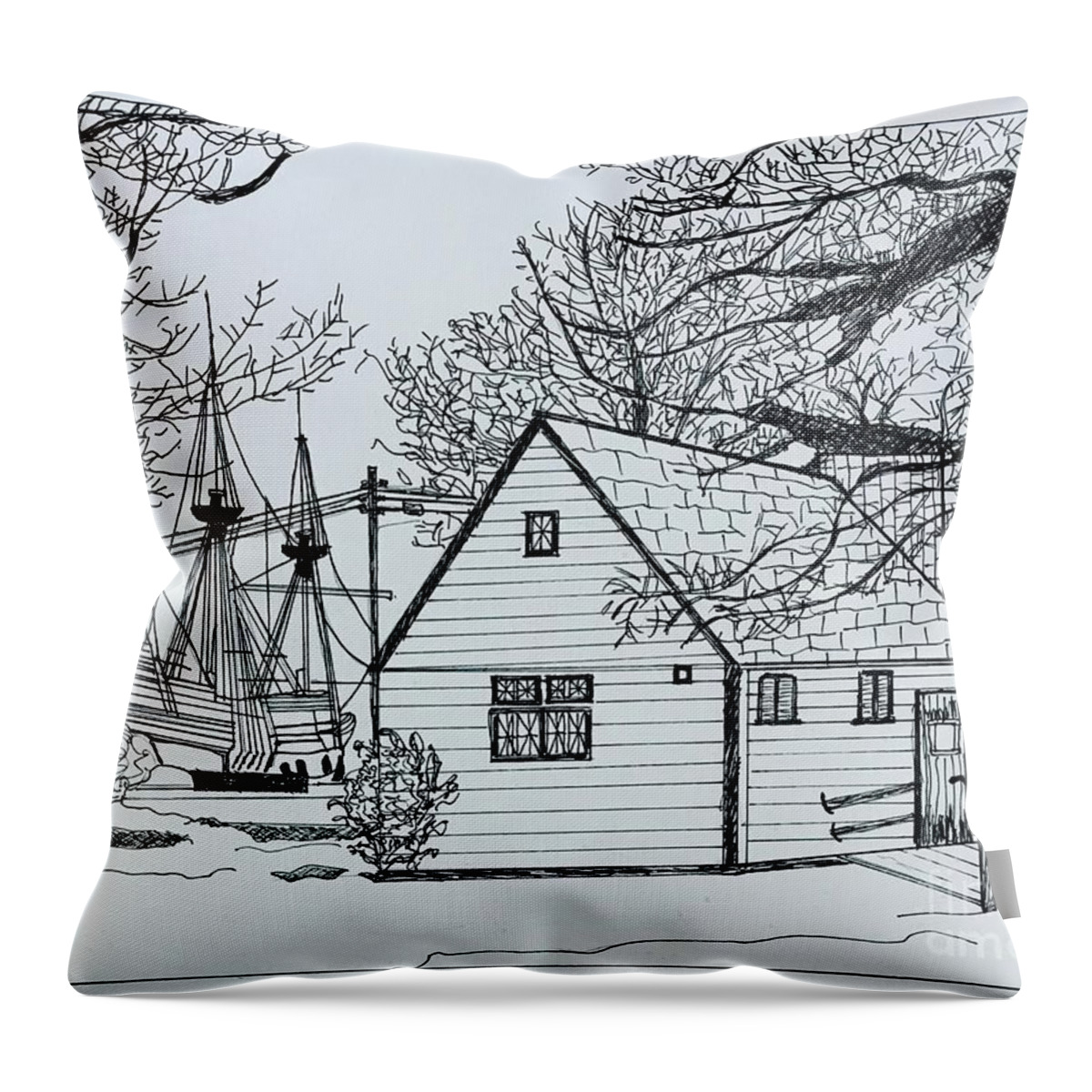 Original Art Work Throw Pillow featuring the drawing Plymouth, Massachusetts by Theresa Honeycheck