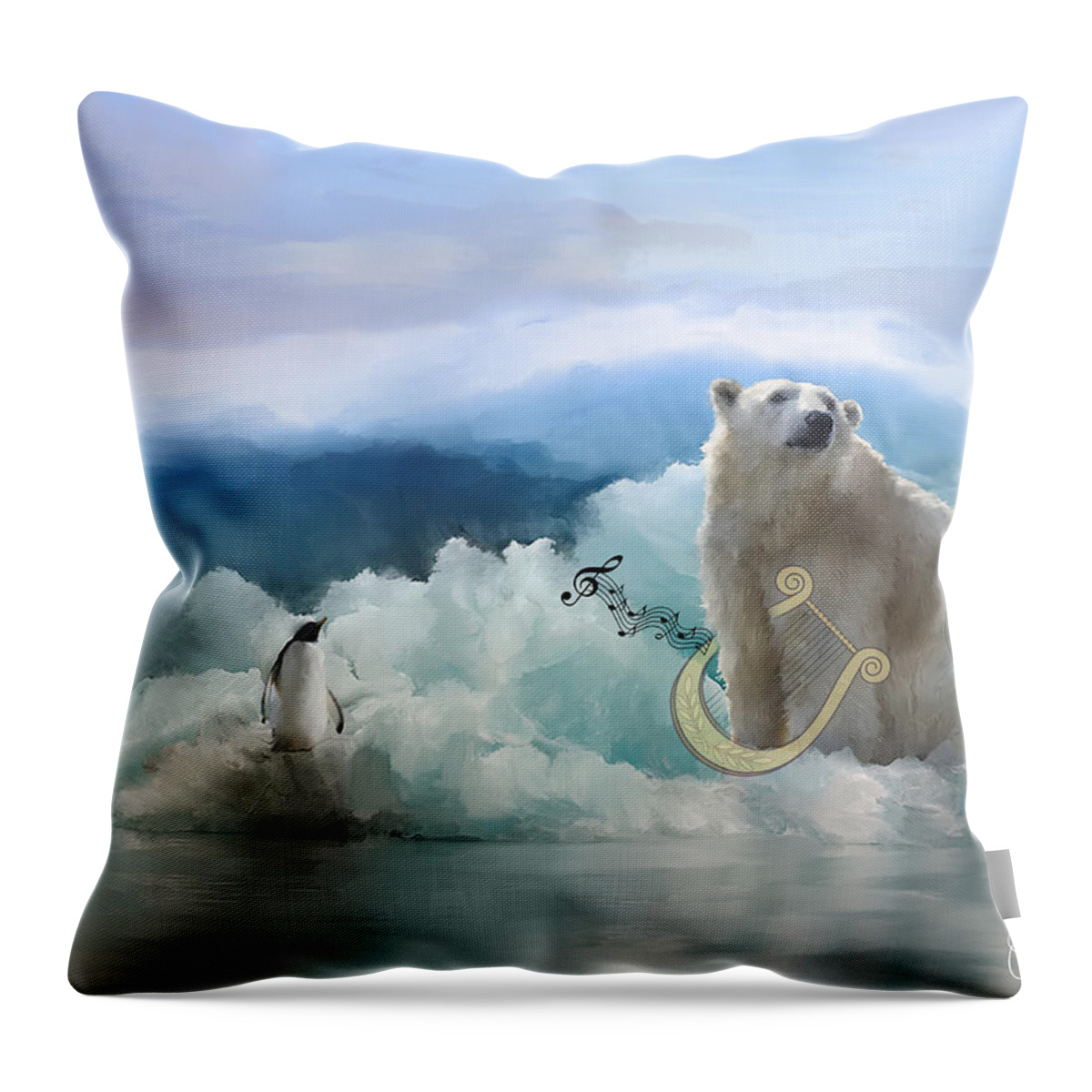 Polar Bears Throw Pillow featuring the mixed media Polar Bears Play the Lyre by Colleen Taylor