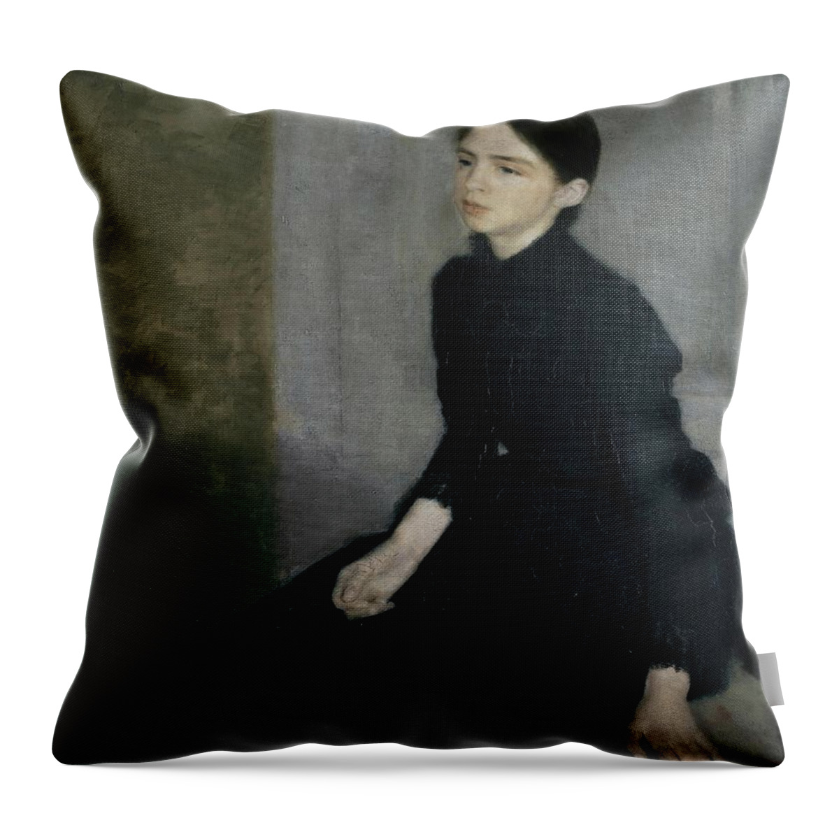 Vilhelm Hammershoi Throw Pillow featuring the painting Portrait of a young woman, 1885. The artist's sister Anna Hammershoi. Oil on Canvas. 112 x 91, 5 cm. by Vilhelm Hammershoi