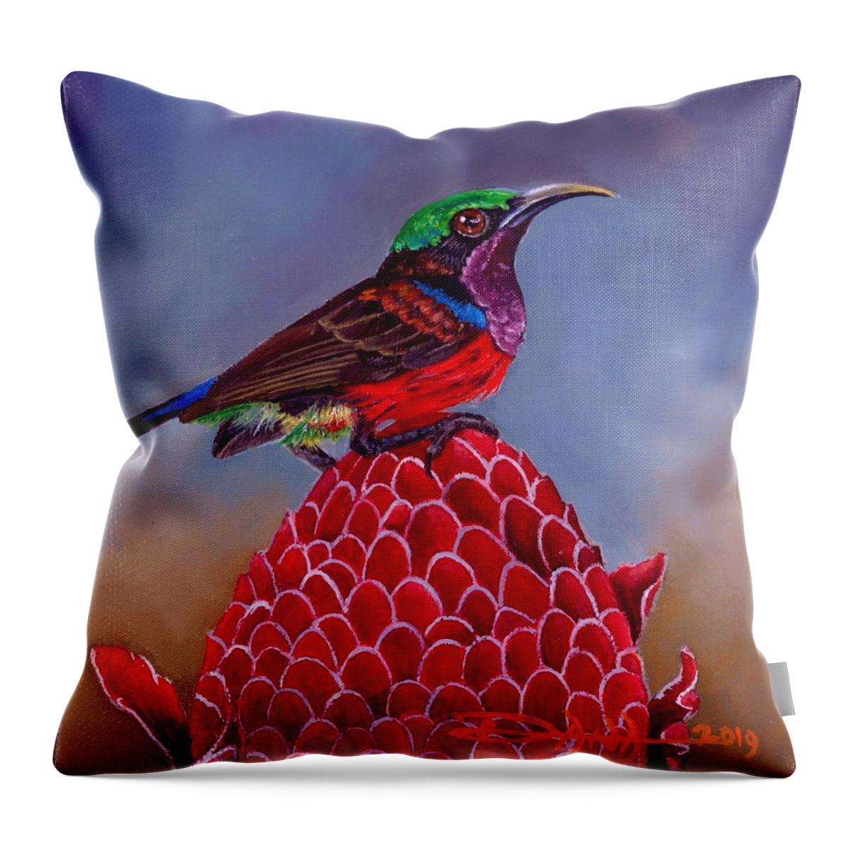 Birds Throw Pillow featuring the painting Purple Throated Sunbird on Red Torch Ginger by Dana Newman