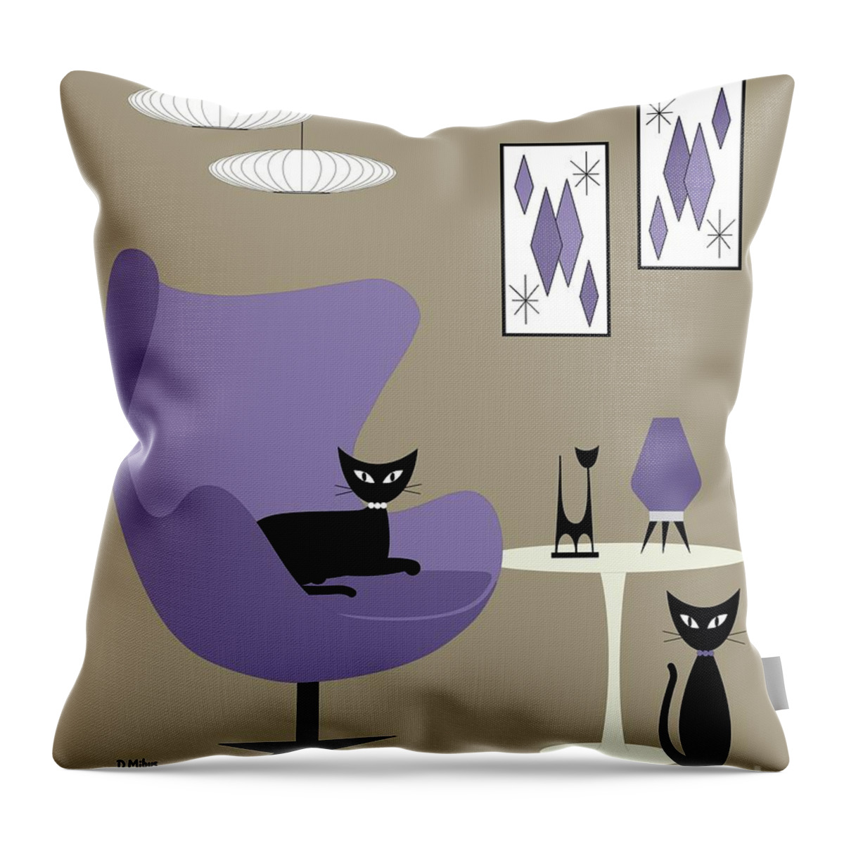 Mid Century Modern Throw Pillow featuring the digital art Purple Egg Chair with Cats by Donna Mibus