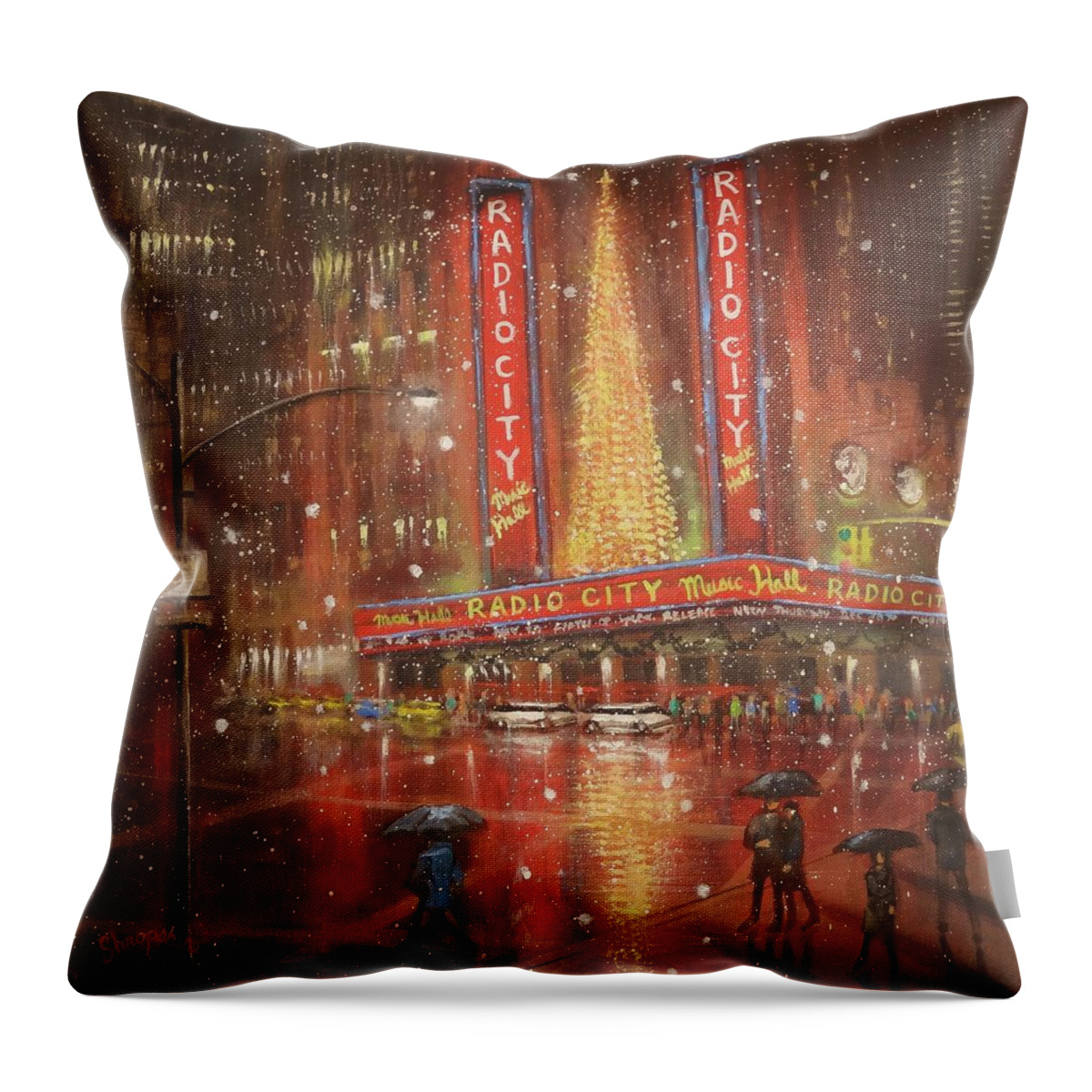 Radio City Music Hall Throw Pillow featuring the painting Radio City NYC by Tom Shropshire