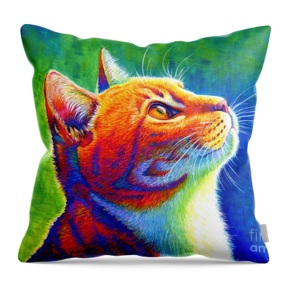 Cat Throw Pillow featuring the painting Anticipation - Psychedelic Rainbow Tabby Cat by Rebecca Wang