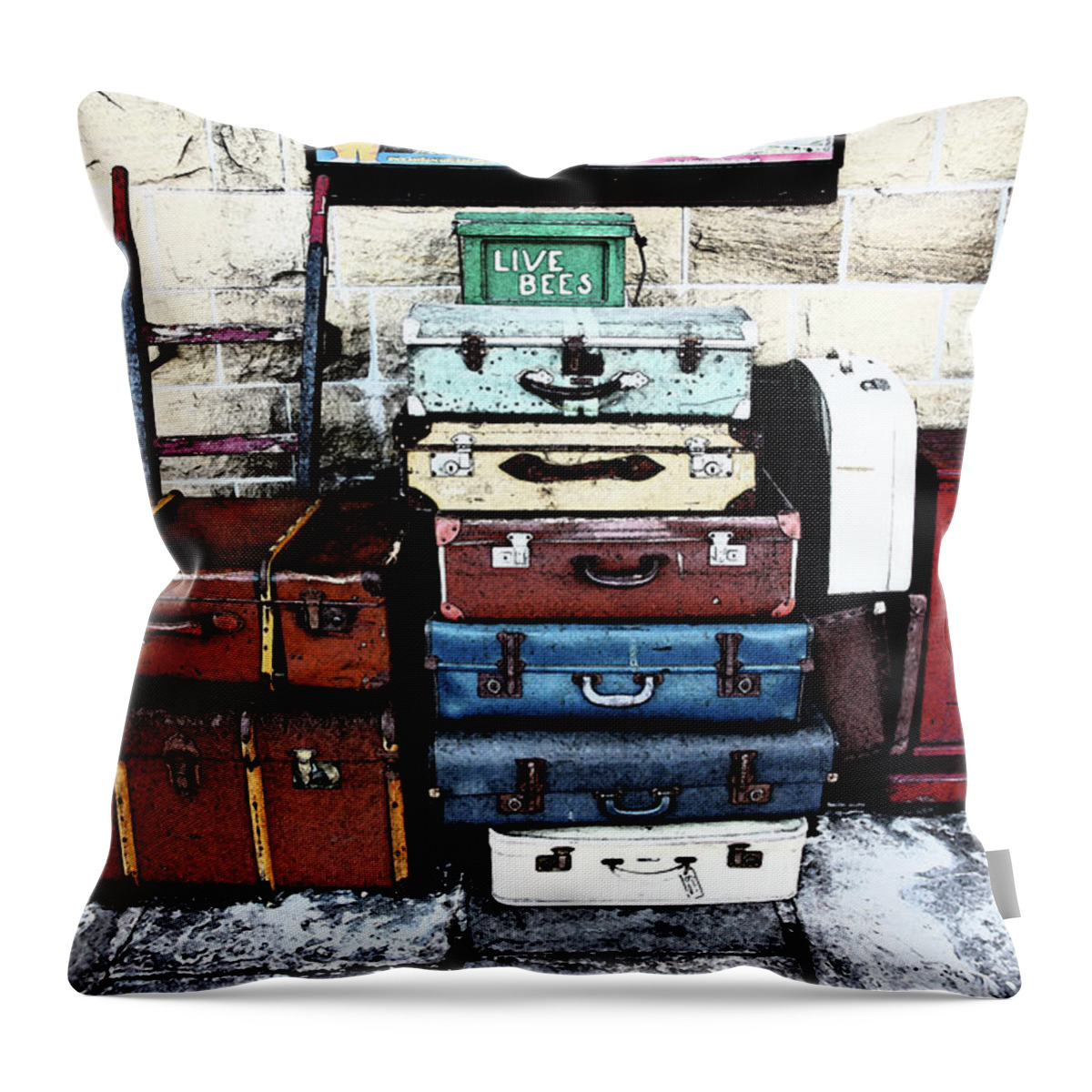 Photography Throw Pillow featuring the photograph RAMSBOTTOM. ELR Railway suitcases on the platform. by Lachlan Main