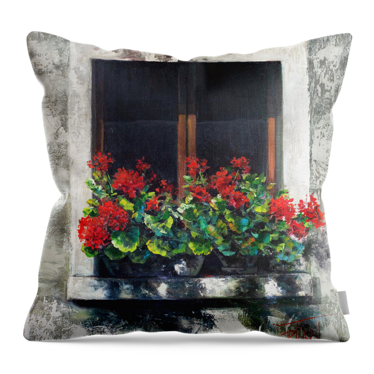 Red Geraniums Throw Pillow featuring the painting Red Geraniums Window by Lynne Pittard