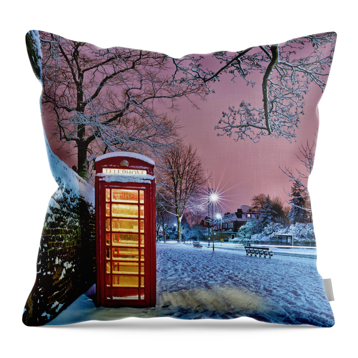 Snow Throw Pillow featuring the photograph Red Phone Box Covered In Snow by Photo By John Quintero