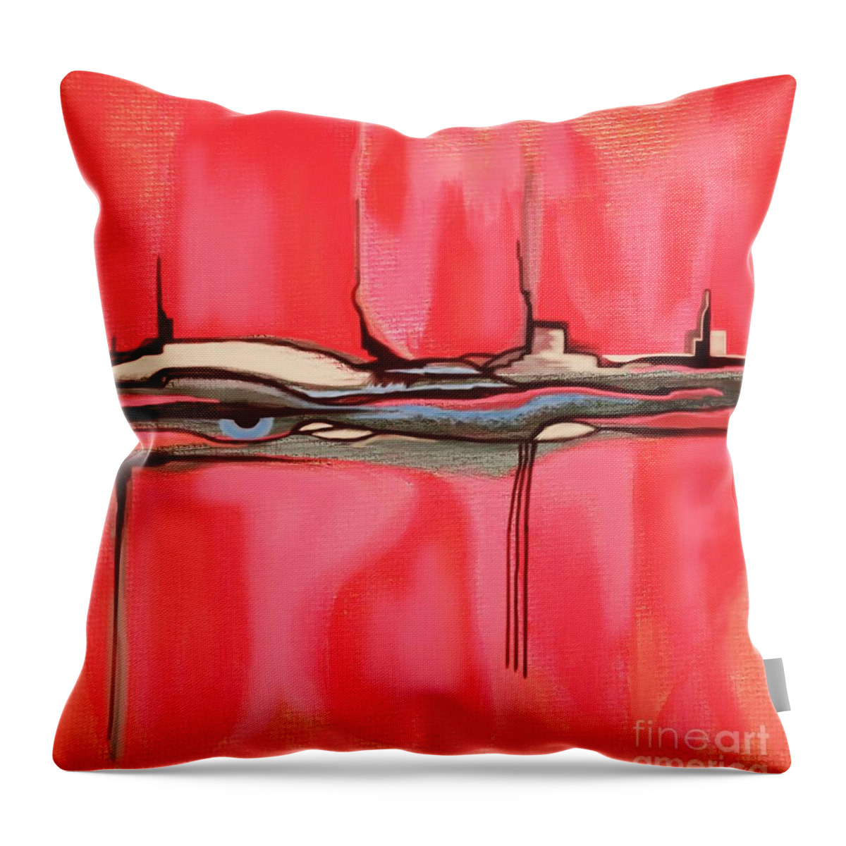 Digital Art Throw Pillow featuring the mixed media Red Pink Peach Blue Eye in Pink Adobe World Abstract Landscape Wall Artwork by Delynn Addams by Delynn Addams